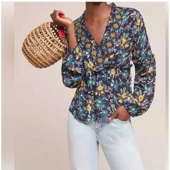 MEADOW RUE anthropologie sheer top long sleeve blue sz xs - Picture 1 of 9